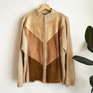 Designer Studio Original Zip Up Suede Patchwork Sweater 2X Boho Hippie Retro 70s